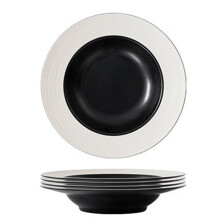 Porcelain Round Soup Plates Set Of 4, 9-Inch Deep Bowls, White And Black Rimmed, Ceramic Rimmed, Stackable