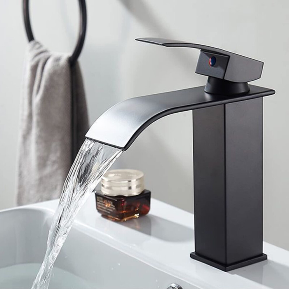 Basin Mixer Waterfall Black, Stainless Steel Lavatory Faucet With Waterfall Spout, Single-Handle Bathroom Sink Mixer 9354506540876