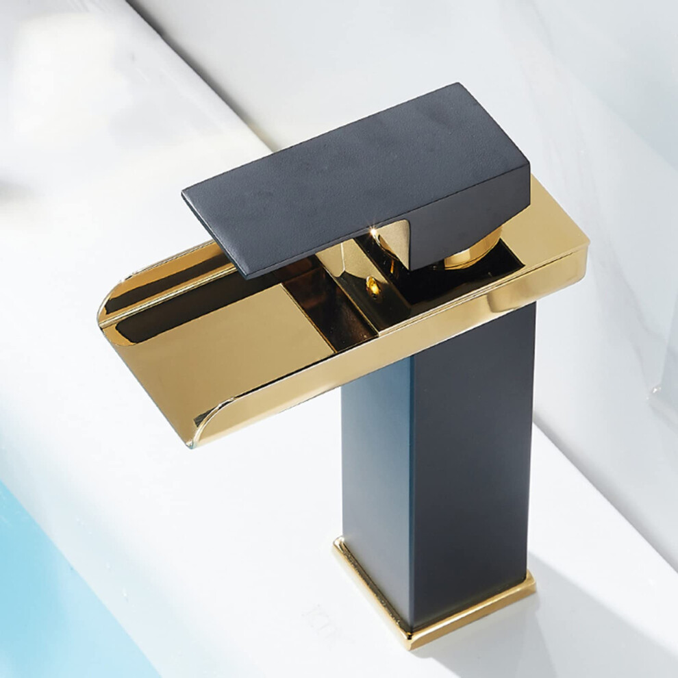 Waterfall Faucets For Basin, Stainless Steel Lavatory Faucet With Waterfall Spout, Single-Handle Hot/Cold, Black Gold 9354506540982