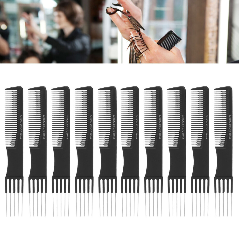 Unisex Black 10Pcs Carbon Lift Teasing Combs With Metal Prong, 19.5X3cm
