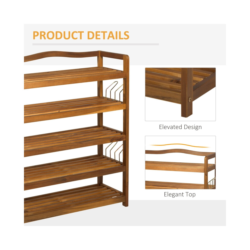 Wooden Shoe Storage - HOMCOM 5-Tier Acacia Shoe Rack with Hangers Holds 24 Pairs Entryway/Living Room 64x26x82cm Teak Color-image-OPC-PMFWSMG-NEW