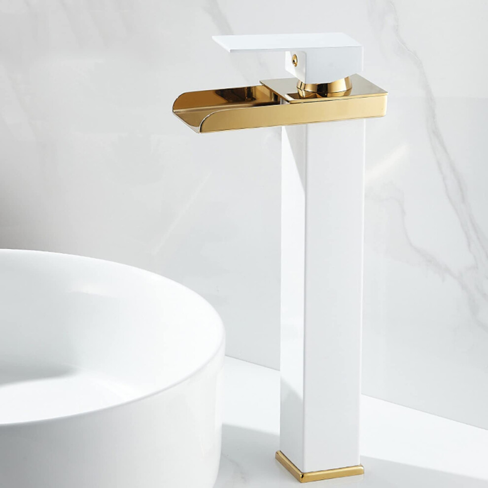 Waterfall Lavatory Faucet Stainless Steel For Basin Waterfall Spout, Single Handle Hot Cold White Gold Commemoration Day 9067246328528