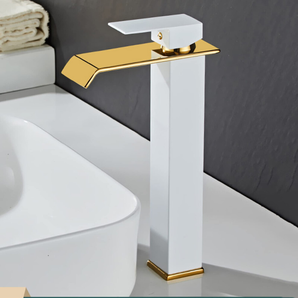 Basin Mixer Waterfall Stainless Steel Lavatory Faucet With Waterfall Spout 1-Hole Single Handle White Gold Finish 9084446620399