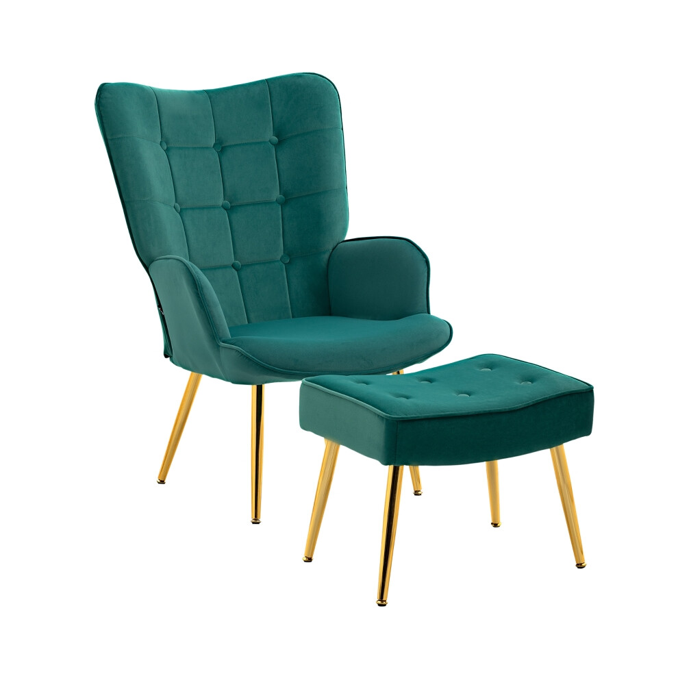 Modern Velvet Accent Armchair with Footstool - Dark Green Upholstered Wingback Chair Steel Legs for Living Room & Bedroom-image-OPC-PMFWXT5-NEW