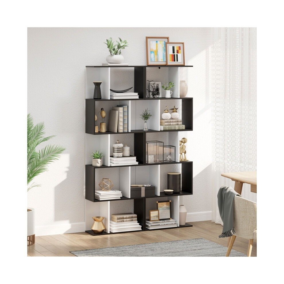 Stylish Wooden Bookshelf S-Shaped Freestanding Storage Shelf 5/6 Tiers for Home & Office Black & White 24D x 60W x 184.5H-image-OPC-PMFX67C-NEW