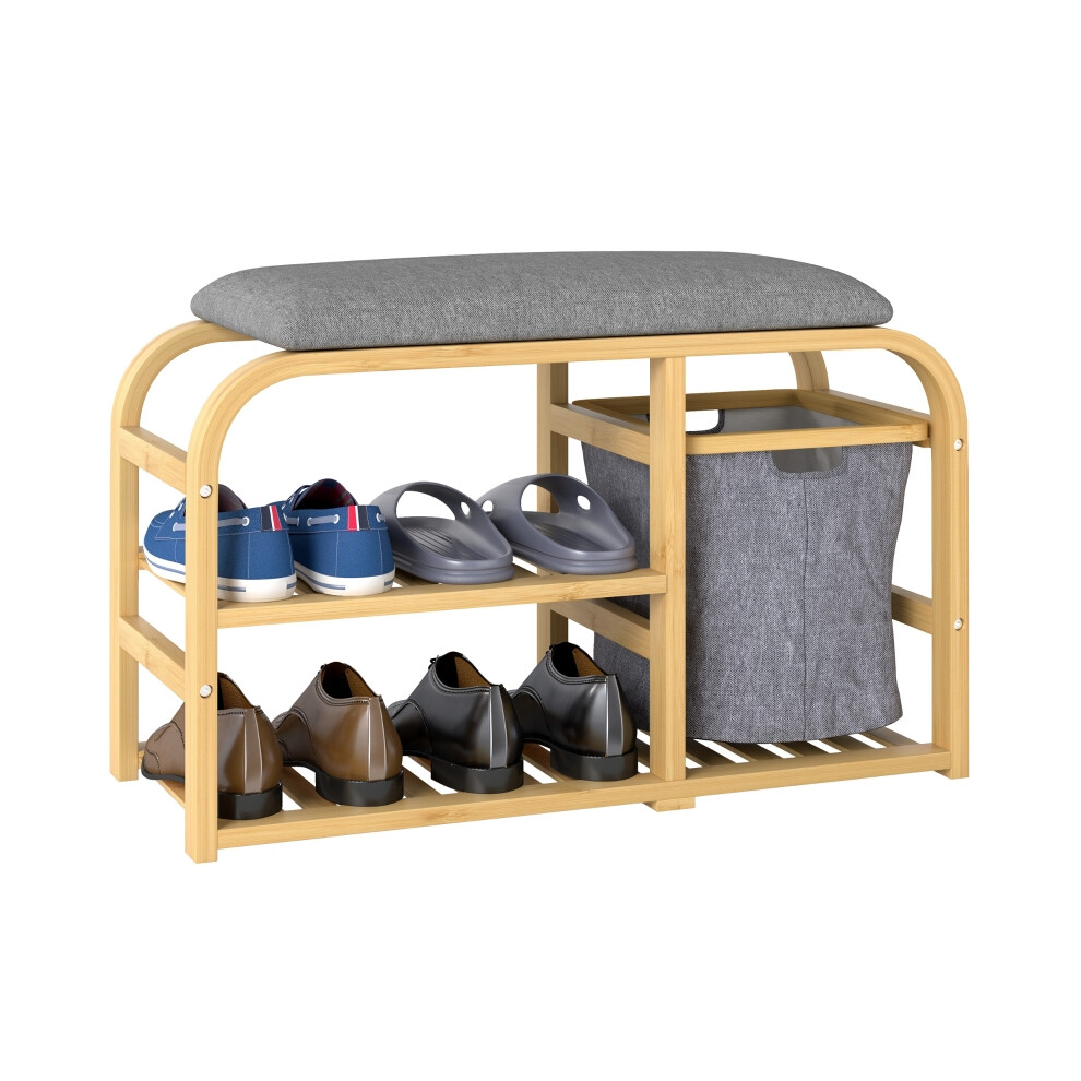 Bamboo Shoe Rack Bench with Padded Top - Nature Finish Multi-Functional Entryway Seating and Storage 36cm x 90cm-image-OPC-PMFX8H6-NEW