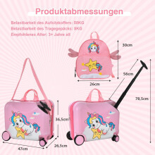 2tlg Kinderkoffer + Rucksack 47 cm Langer Aufsitzkoffer und 30 cm Breiter Rucksack Rosa Einhorn
