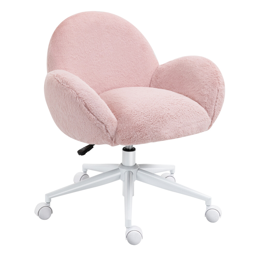 Pink Fluffy Makeup Vanity Chair With Wheels Comfortable Desk Seat For Bedroom & Living Room Homcom