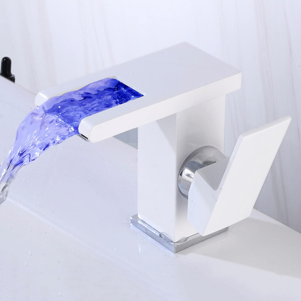 Waterfall Led 3-Color Changing Lavatory Vanity Faucet Brass Hot Cold Water Mixer Single Handle 1 Hole White 9067246329778