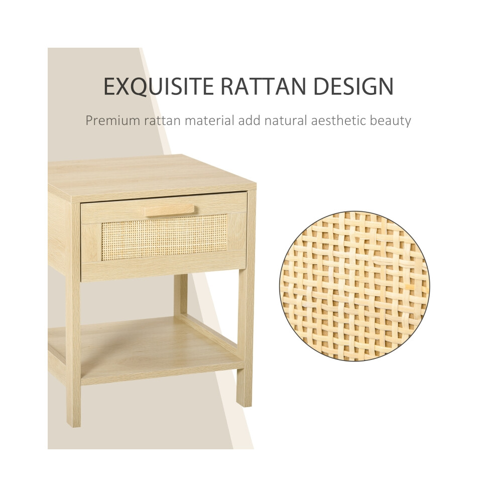 HOMCOM Nightstand with Rattan Drawer and Storage Shelf Bedside End Table for Bedroom Living Room Compact and Stylish Design-image-OPC-PMFXKBK-NEW