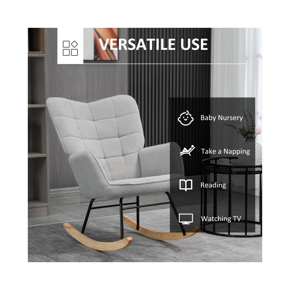 Nursery Glider Rocker Chair Light Grey - HOMCOM Berber Fleece Wingback with Cushioned Seat for Nursing & Living Room Comfort-image-OPC-PMFXKJJ-NEW