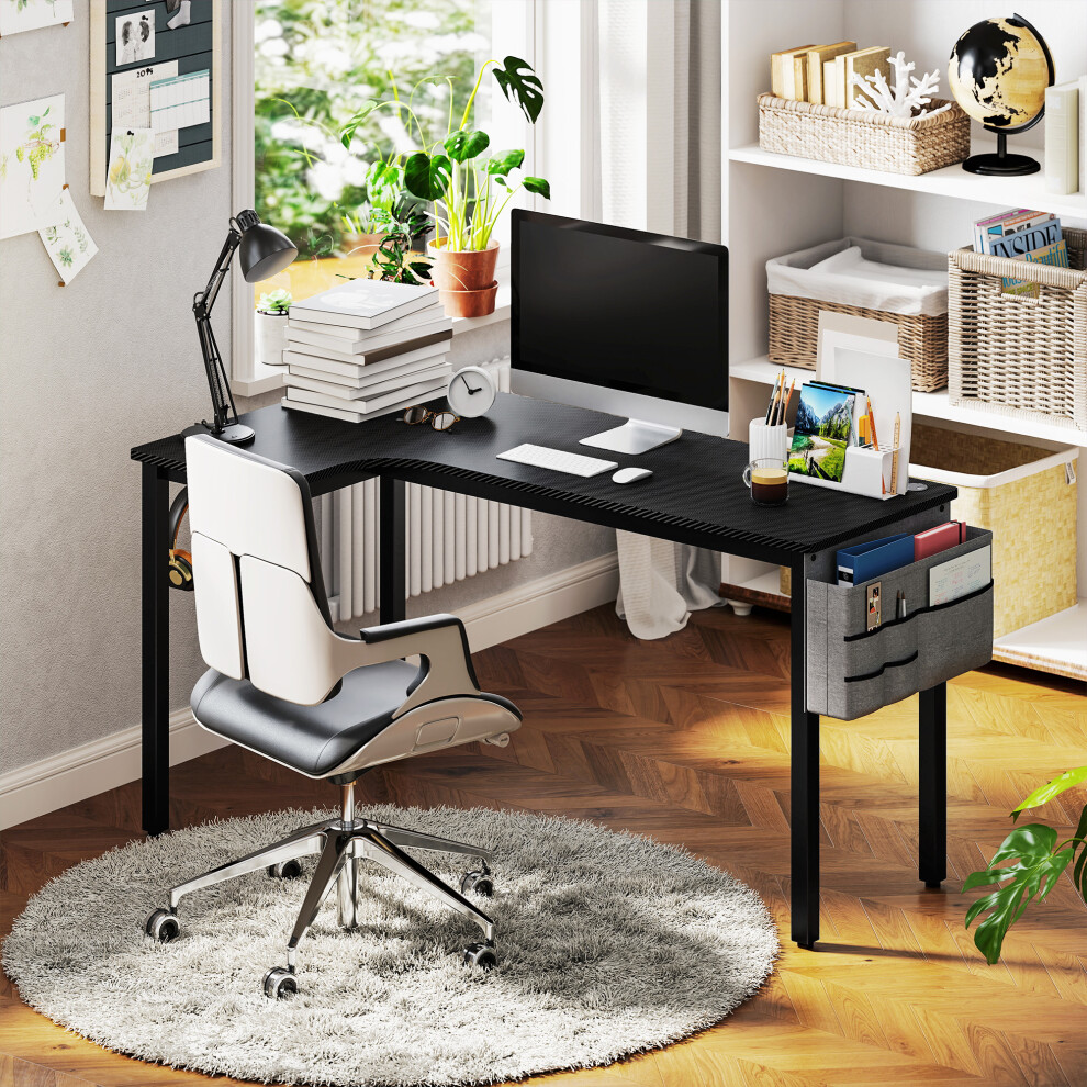 Spacious L-Shaped Gaming & Office Desk with Fabric Bag Hooks & Cable Organizer 145x81x76cm in Black for Efficient Setup-image-OPC-PMFXMNC-NEW