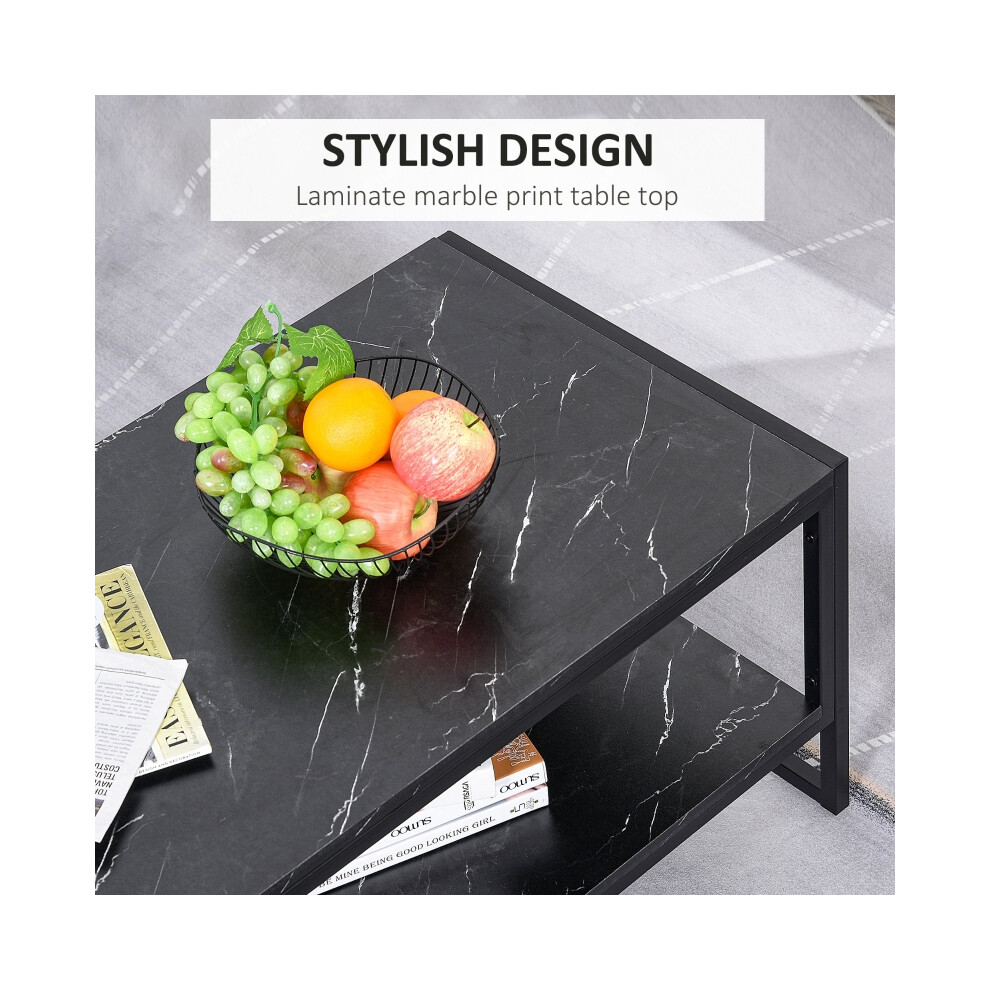 HOMCOM Black Coffee Table with Marble Surface Metal Frame 2-Tier Storage Shelf Size: 106x50x45cm Perfect for Living Room-image-OPC-PMFXPYM-NEW