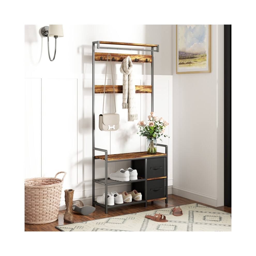 Multi-Use Hallway Tree Brown/Black Industrial Design with Hooks and Shelving for Entryway Organization-image-OPC-PMFXRPC-NEW