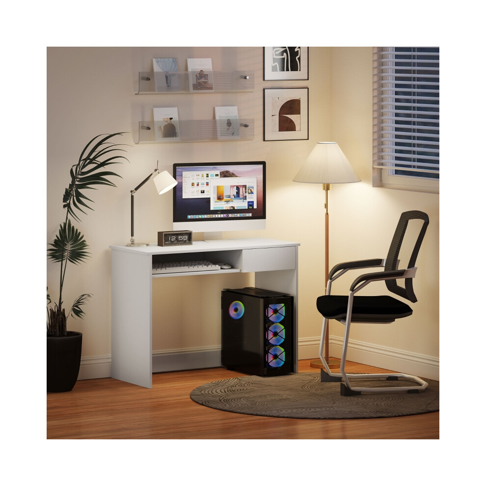 Home Office Computer Desk 100cm with Keyboard Tray and Drawer White Compact Desk for Study and Bedroom Use-image-OPC-PMFXSZG-NEW