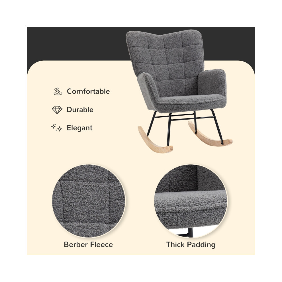 Dark Grey Berber Fleece Nursery Glider Rocker - Wingback Nursing & Living Room Rocking Chair Plush Relaxing & Durable-image-OPC-PMFXTTJ-NEW