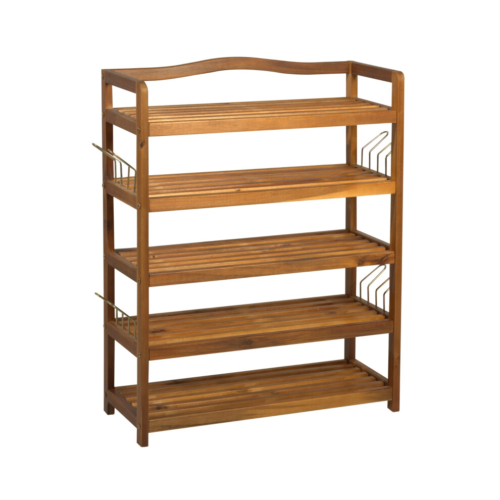 Acacia Wooden Shoe Rack 5 Tiers Storage Unit with Hangers Holds 24 Shoes Entryway & Living Room 64x26x82cm Teak Finish-image-OPC-PMFXWHP-NEW