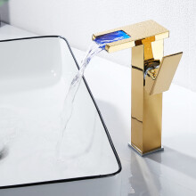 Waterfall LED Faucet For Bathroom Basin Brass, 3-Color Changing LED Light, Single-Handle 1-Hole Hot Cold Mixer, Gold