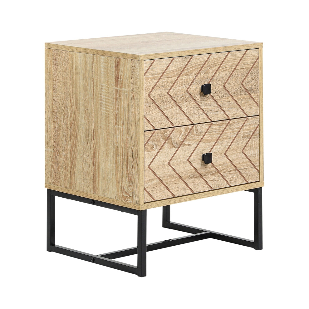 Two-Drawer Bedside Nightstand Natural Wood Bedroom Storage Unit Zig Zag Pattern with Black Metal Handles-image-OPC-PMFXXYB-NEW