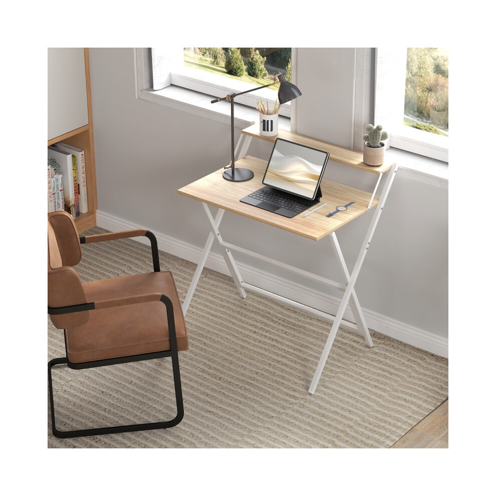 2-in-1 Folding Computer Desk 81.5cm with Monitor Shelf - Natural Wood Finish Lightweight Multi-Purpose Home Office Table-image-OPC-PMFY5NF-NEW