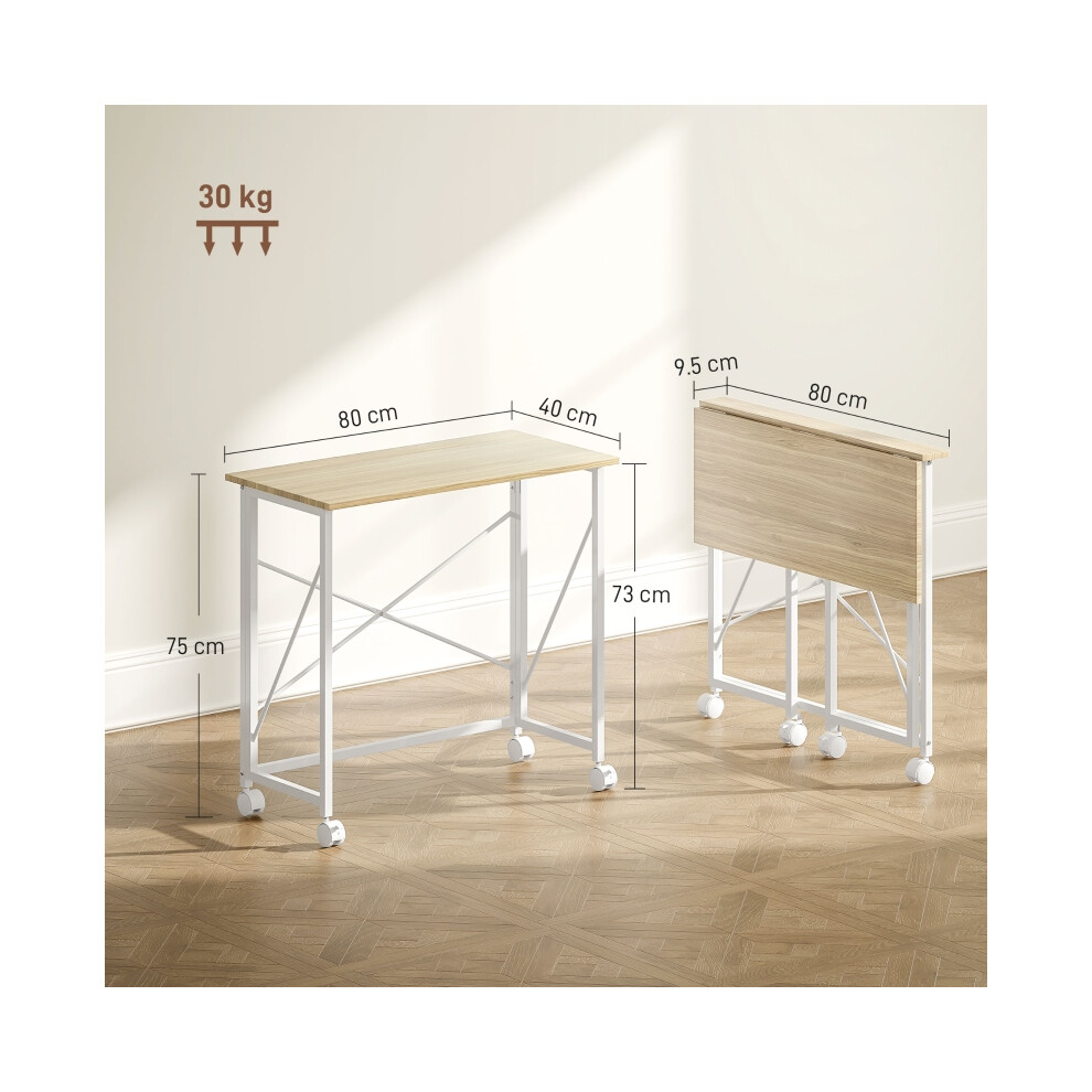 Folding Desk on Wheels 80 cm Natural Tone - Portable Space-Saving Durable Wood Surface with Iron Frame for Home Office-image-OPC-PMFY5ZC-NEW