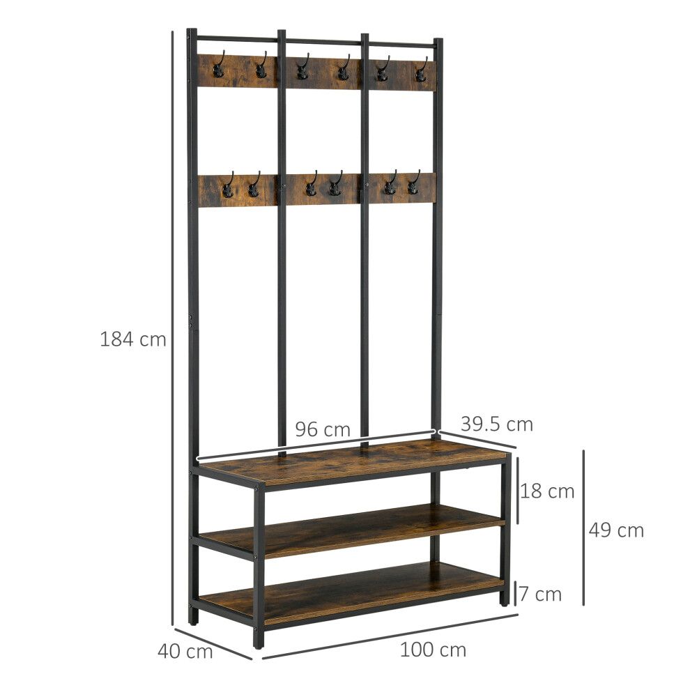 Coat Rack Stand Industrial Style with Hooks Shoe Rack & Bench Rustic Brown & Black 100x38.5x185.5cm Free Standing Hall Tree-image-OPC-PMFY8DJ-NEW
