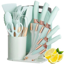 (As show, One size) 19 Pieces Kitchen Cooking Utensils and Knife Set Holder with Block, Include 11 Pcs Silicone Utensilsi