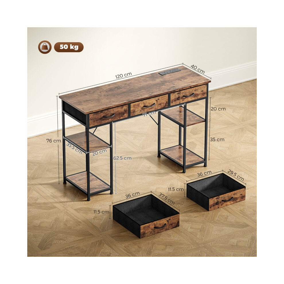 Rustic Brown 120cm Computer Desk with Power Outlets Office Study Table with Fabric Drawers & Storage Shelves-image-OPC-PMFYBVN-NEW