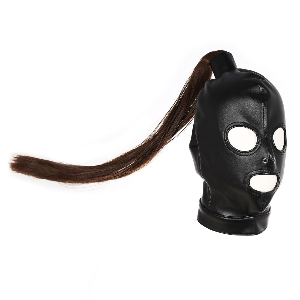 Black Adult Sex Toy Leather Costume Restraint Mask Pu Leather Adjustable Hood Tail Holes Mouth Gag Headgear Harness Hair