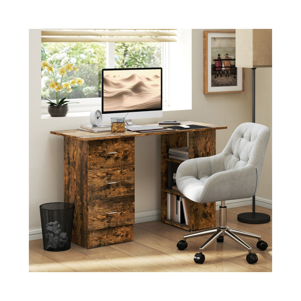 Computer Desk Rustic Brown with 3 Storage Shelves and Drawers Silver Handle Home Office PC Workstation HOMCOM-image-OPC-PMFYDZB-NEW