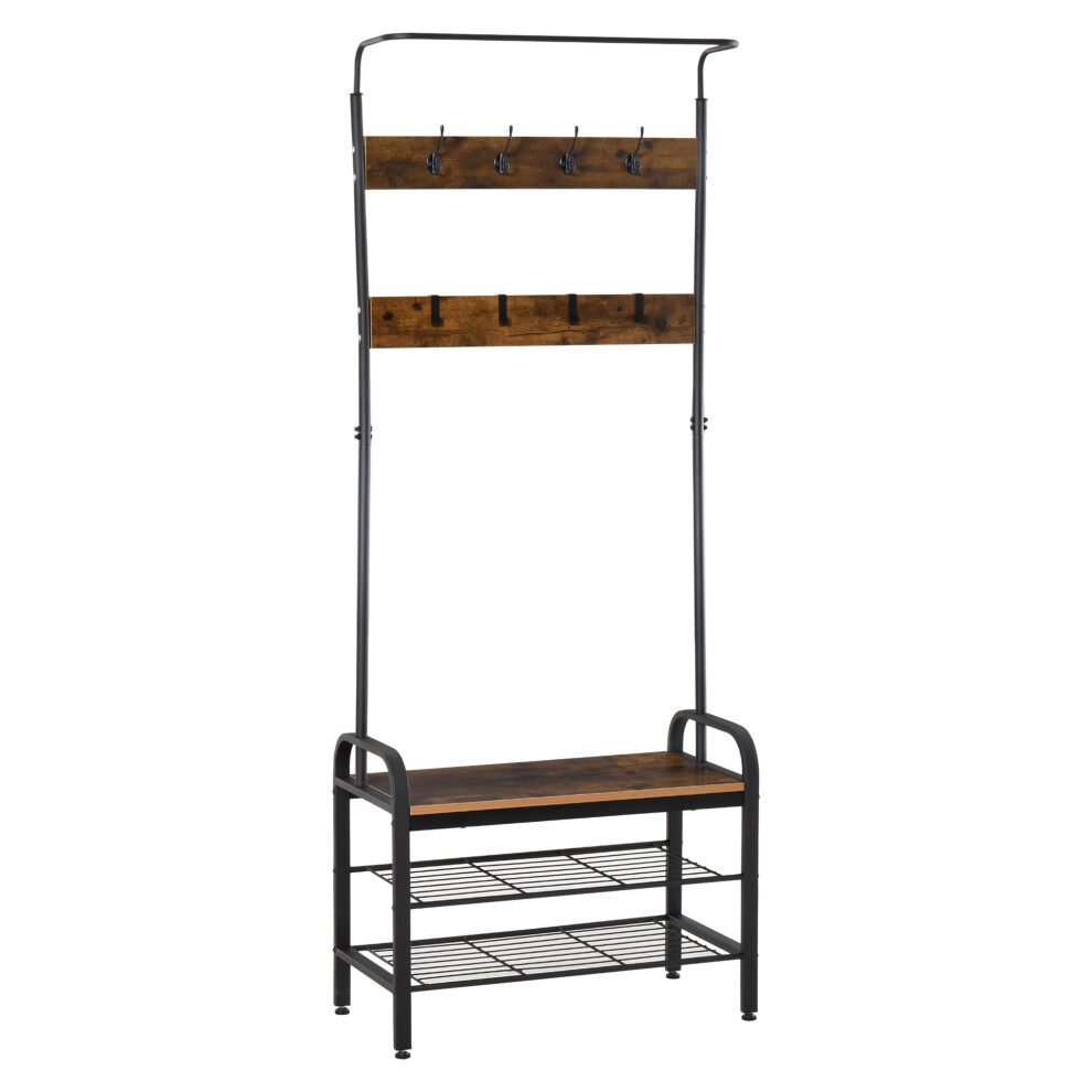Rustic Brown Metal & Wooden Hallway Coat & Shoe Rack Stand with Removable Hooks 72L34W185H cm-image-OPC-PMFYFXZ-NEW