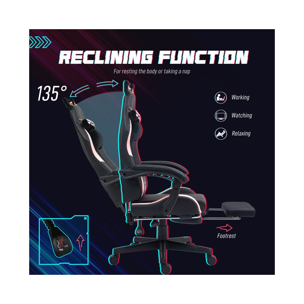 Office Chair with Cat Ear and Paw Design Reclining Adjustable Footrest Black/Pink Comfortable Ergonomic Support-image-OPC-PMFYJWN-NEW