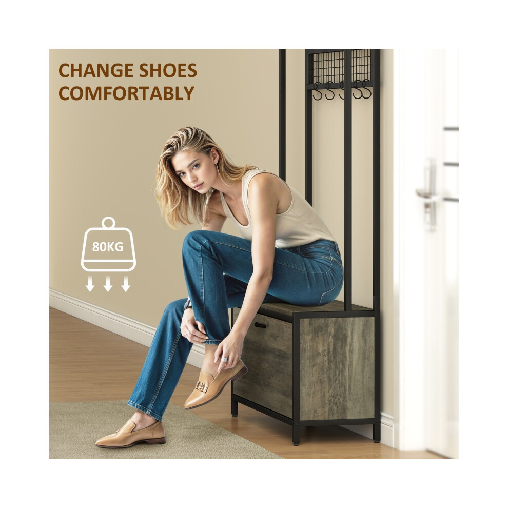 Grey/Black Industrial 5-in-1 Hallway Tree with Coat Hooks Shoe Storage and Mirror Sturdy Metal Construction for Modern Entryway-image-OPC-PMFYNV8-NEW