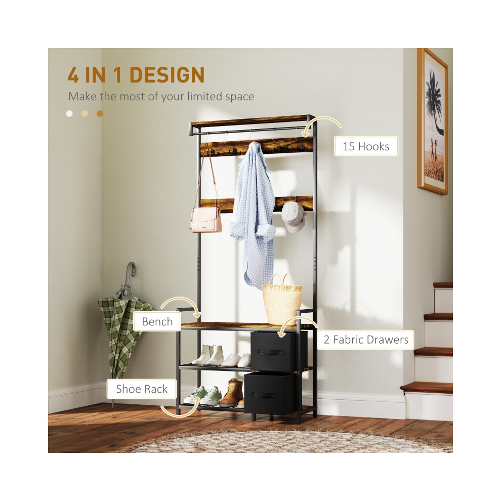 HOMCOM Multi-Use Hallway Tree Brown/Black - Industrial-Style Entryway Storage with Hooks Shelves and Bench-image-OPC-PMFYP6X-NEW