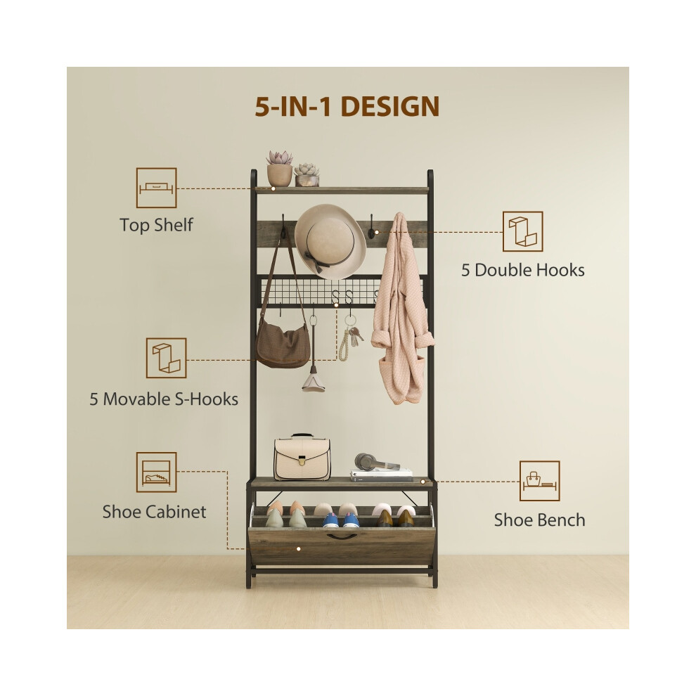 Multi-Purpose Hallway Tree 5-In-1 Industrial Style Grey Black â Space-Saving Coat Stand with Shoe Storage and Accessories-image-OPC-PMFYPJ6-NEW