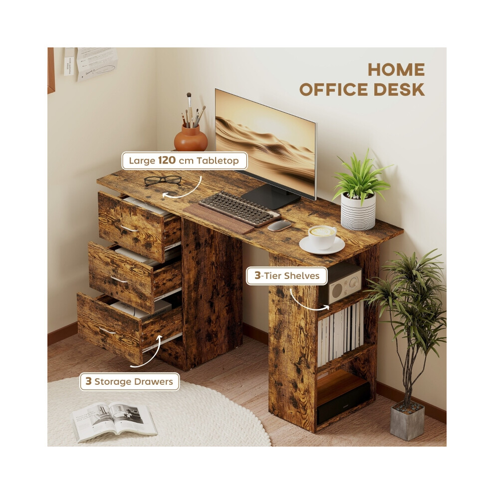 Rustic Brown Writing Desk with Storage Shelves & Drawers Durable PC Workstation for Home Office Silver Handles Large Surface-image-OPC-PMFYQZW-NEW