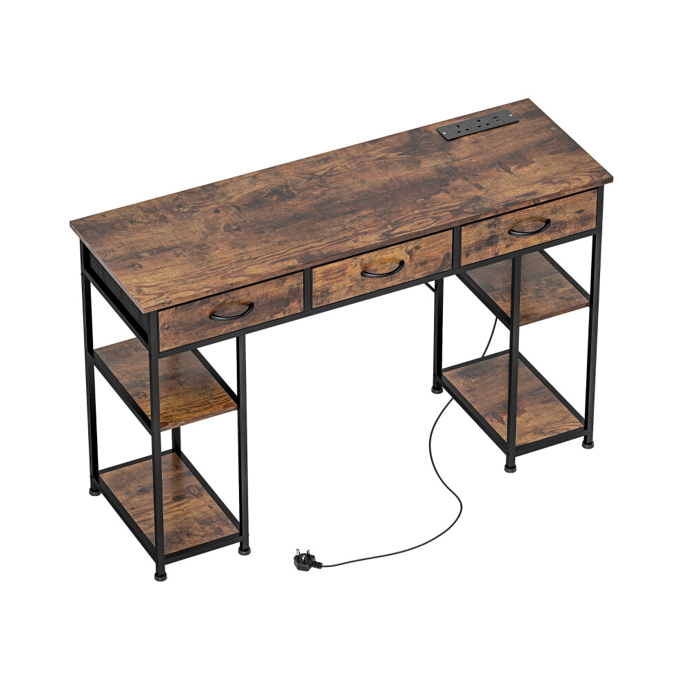Computer Desk 120cm with Power Outlets Rustic Brown Office Study Table with Fabric Drawers & Storage Shelves-image-OPC-PMFYR76-NEW