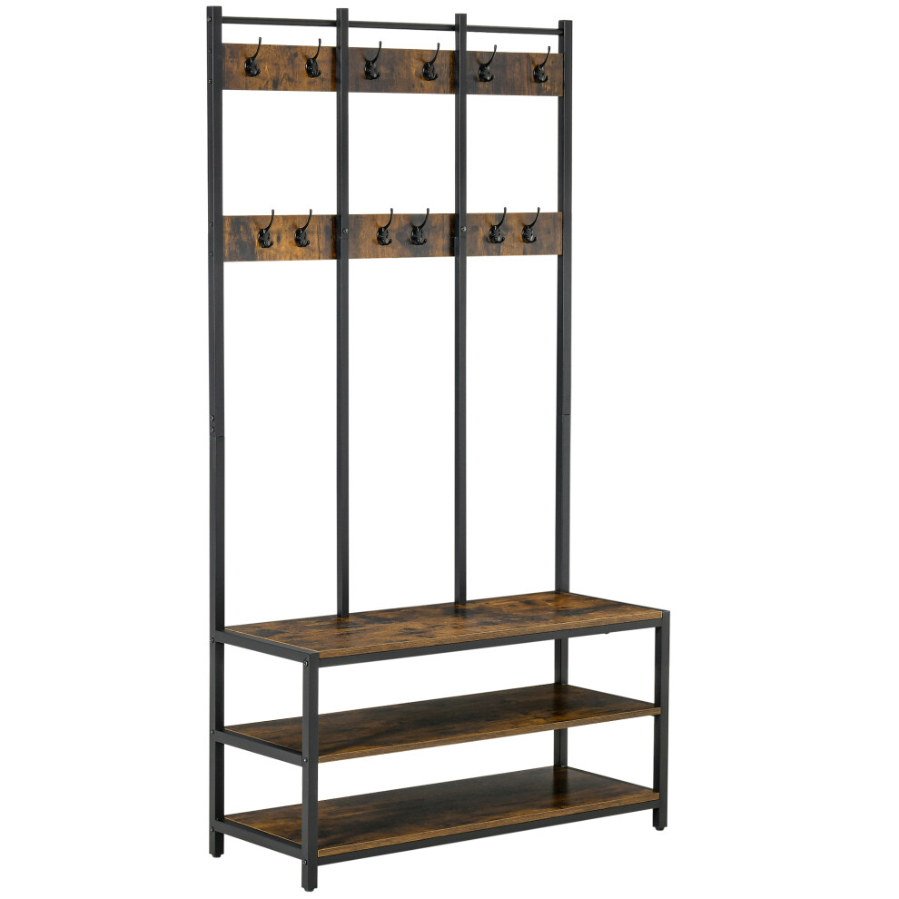Coat Rack Stand with Hooks Bench & Shoe Storage - Rustic Brown & Black Industrial Hall Tree 100cm x 38.5cm x 185.5cm-image-OPC-PMFYRGQ-NEW