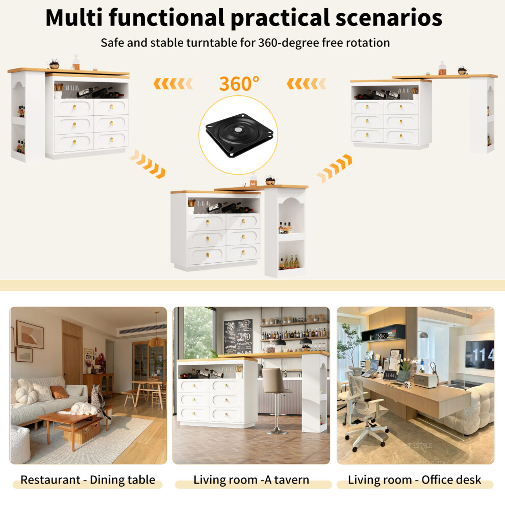 Rotating Bar Table 360 with Storage Kitchen Island Spice Rack Six Drawers Open Shelves White 137x39x90cm-image-OPC-PMFYSBF-NEW