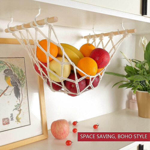 Hanging fruit hammock for kitchen, macrame fruit basket under cabinet 2