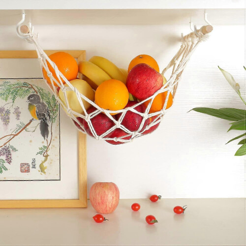 Hanging fruit hammock for kitchen, macrame fruit basket under cabinet 1
