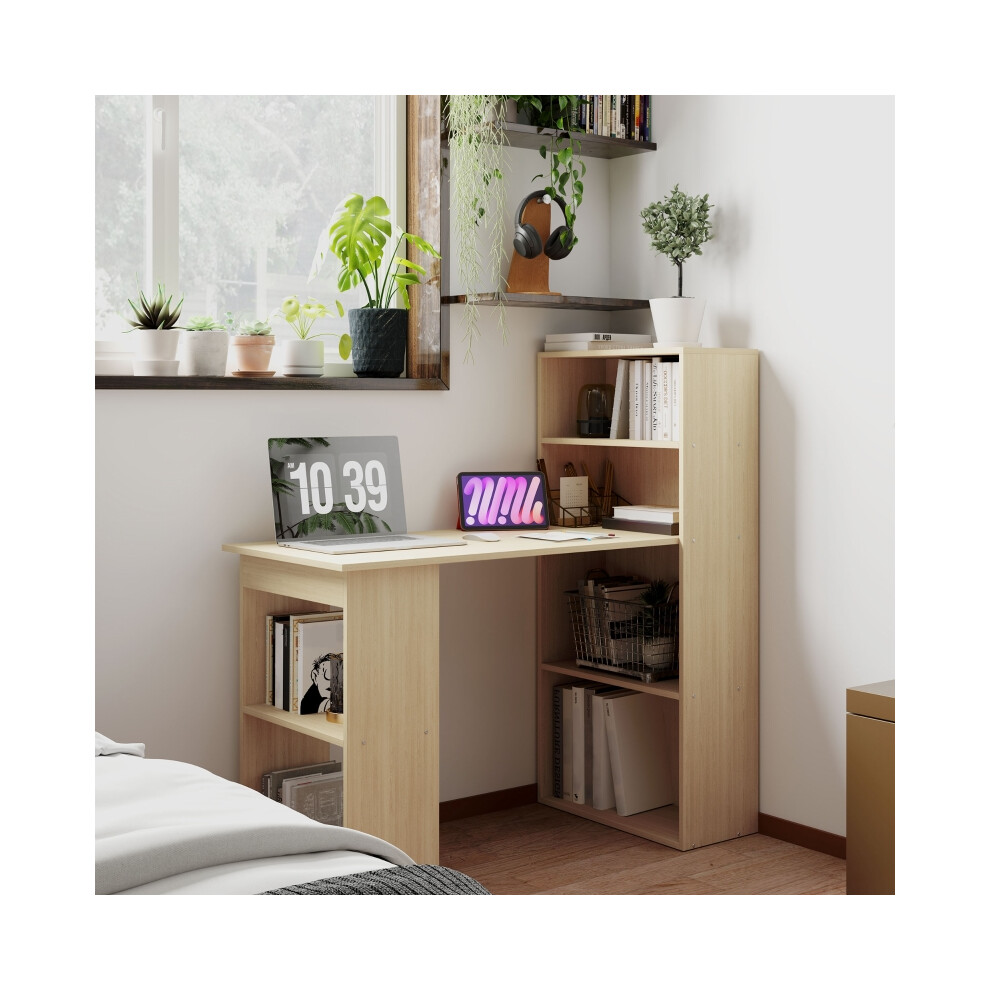 120cm Wooden Computer Desk with 6-Tier Storage Home Office Study Table Laptop & Writing Desk Natural Wood Finish-image-OPC-PMFYVYK-NEW