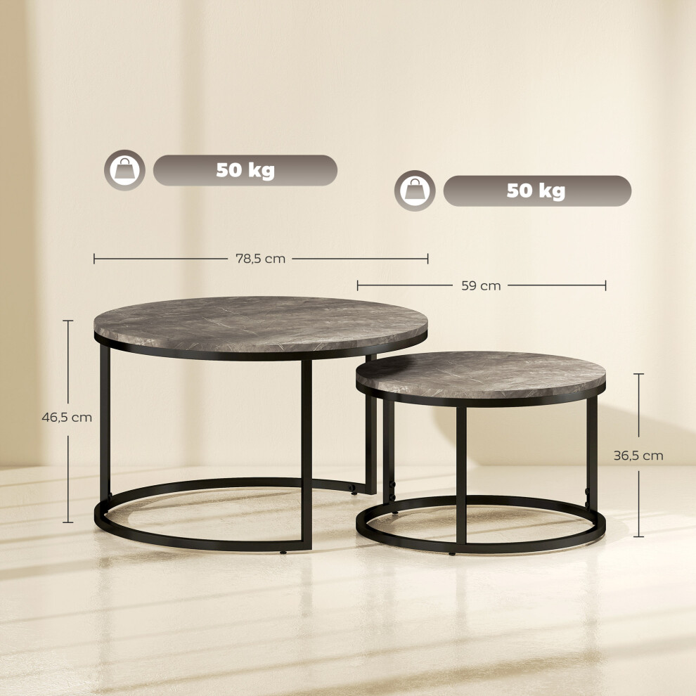 HOMCOM Industrial Nesting Coffee Tables â Set of 2 Faux Marbled Tops with Steel Frame Space-Saving Round Living Room Tables-image-OPC-PMFYW69-NEW
