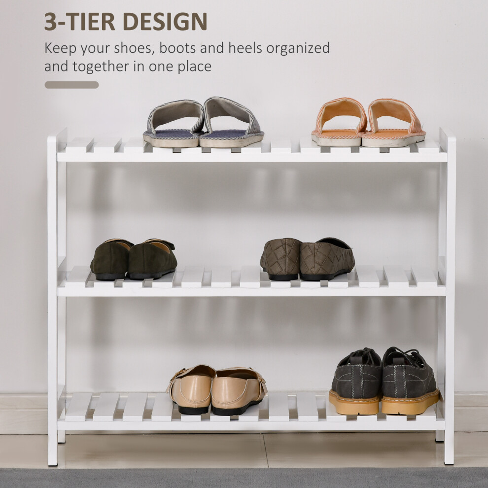 Hygienic Wooden Shoe Rack 3-Tier in White â Spacious Slatted Shelves Open Storage for Hallway or Home 70L x 26W x 57.5H cm-image-OPC-PMFYYTX-NEW