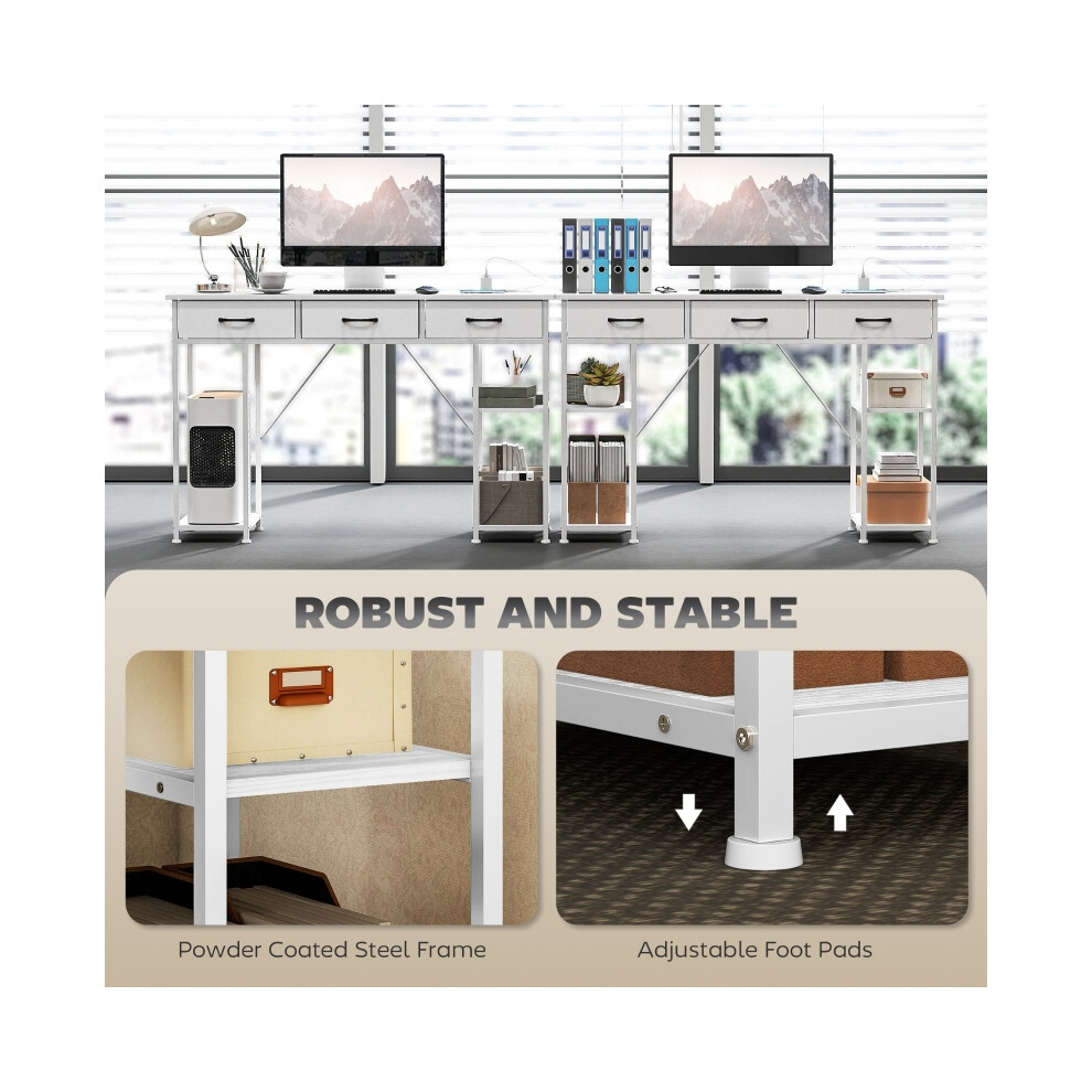 Office Desk with Power Outlets 120cm White Study Table 3 Fabric Drawers and 4 Storage Shelves Perfect for Home and Workspace-image-OPC-PMFZ2MJ-NEW