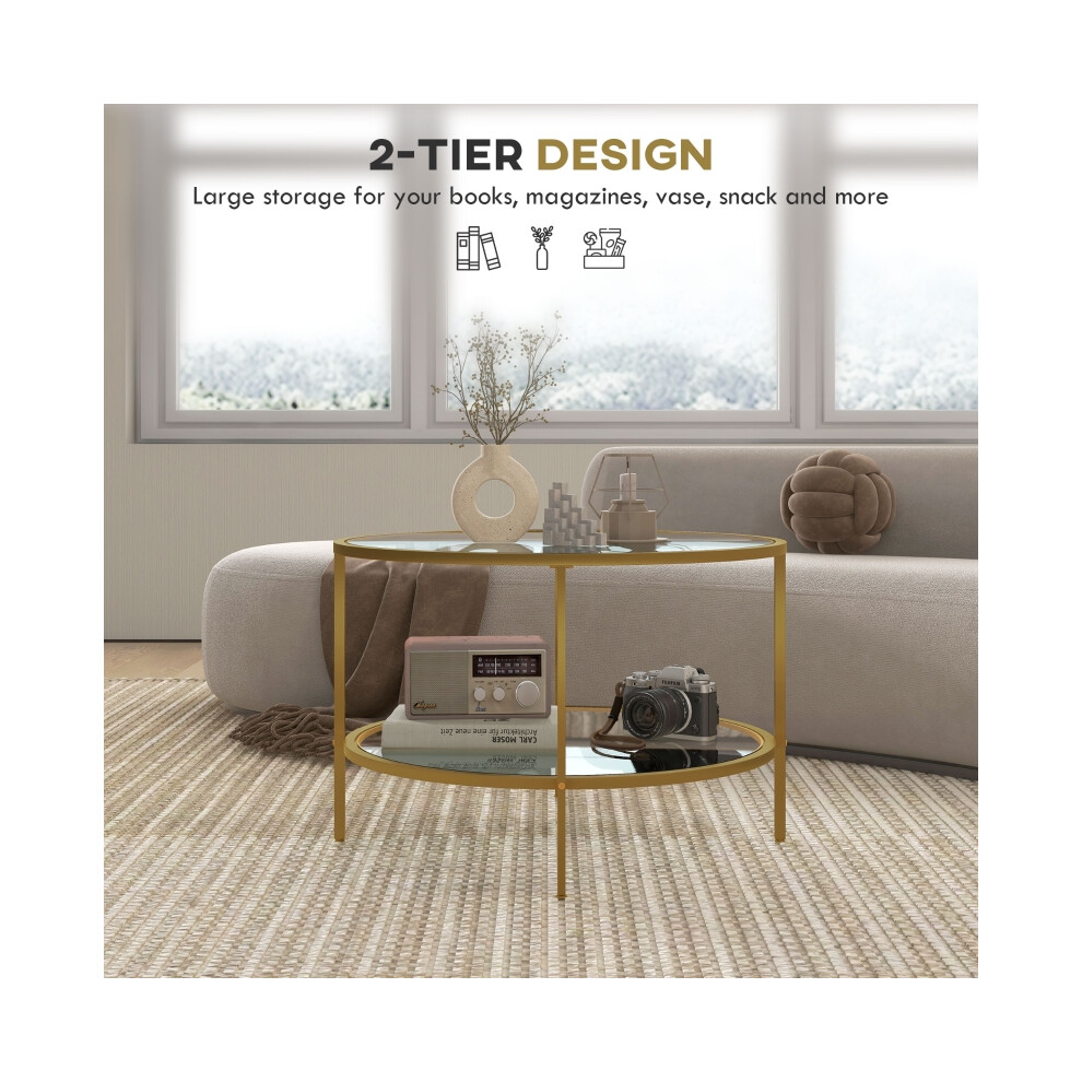 Round Coffee Table with Storage - 2-Tier Tempered Glass & Steel Frame Gold Tone Modern Living Room Furniture-image-OPC-PMFZ6G5-NEW