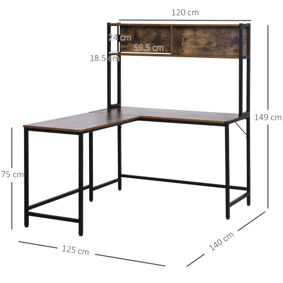 Industrial L Shaped Corner Desk with Book Shelf - Steel Frame Computer & Writing Table for Home & Study 140x125cm Brown Color-image-OPC-PMFZ7NC-NEW