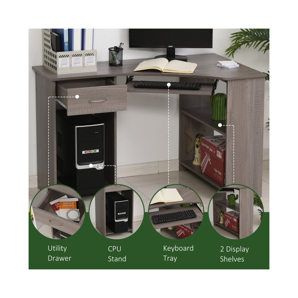 Grey L-Shaped Corner Desk with 2 Shelves Keyboard Tray Drawer & CPU Holder - Home Office & Study Furniture Wide Worktop-image-OPC-PMFZ7QR-NEW