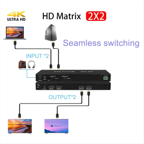-Divisor de switch Matrix 4X2 compatível 4K 30Hz com plugue de áudio EU 2