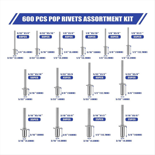 600 Pcs 14 Size Rivets Assortment Kit, Assorted Blind Rivets 2
